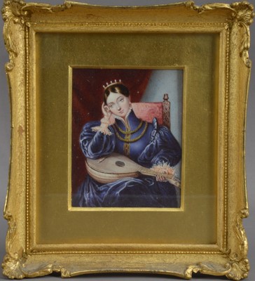 Lot 791 - A late 19th century Portrait miniature on ivory of a seated lady with a mandolin