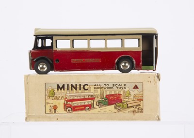 Lot 663 - Tri-ang Minic pre-war 52M clockwork red and stone Single Deck Bus