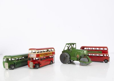 Lot 666 - Tri-ang Minic tinplate clockwork Buses and Road Roller