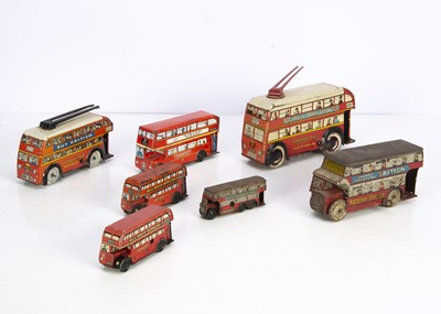 Lot 686 - Seven various sizes Wells Brimtoy Double Deck Buses and Trolleybuses