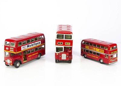 Lot 689 - Three Hayashi Japanese tinplate friction drive red London  Double Deck Leyland buses