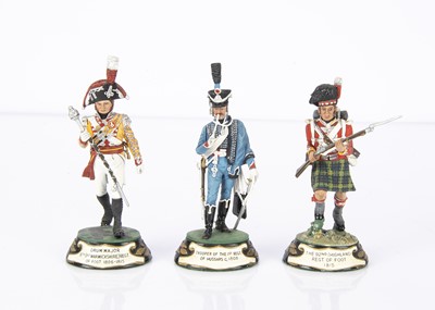 Lot 725 - Stadden factory-painted 75mm scale pewter figures comprising Napoleonic era British Army 1st Regiment of Hussars Trooper