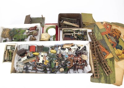 Lot 743 - A lot of mainly pre WW2 lead farm related items by Britains and Pixyland Kew including Hill girl for see saw