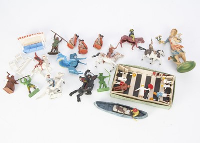 Lot 736 - A selection of plastic figures by various makers including Britains Herald comprising Argentine-made Hopalong Cassidy and mounted Indian chief