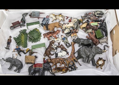 Lot 739 - A selection of hollow-cast lead figures by various makers including Taylor & Barrett and Britains comprising Noble British hunter on elephant