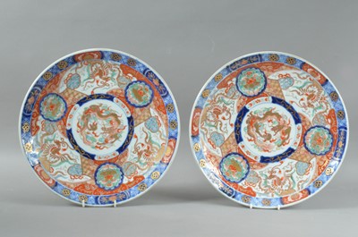 Lot 159 - A pair of late Meiji period Japanese porcelain Imari large dishes