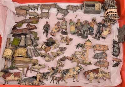 Lot 276 - Collection of playworn lead Farm figures by Britains and other makers and various Lineol or similar Farm buildings (85+)