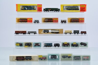 Lot 311 - Graham Farish Hornby Minitrix Lima Peco  N gauge Diesel Locomotives and freight wagons with track and kits (qty)