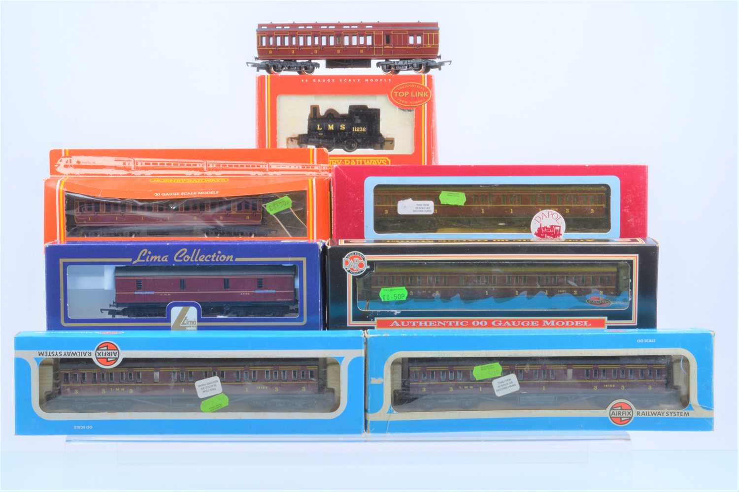 Lot 477 - Hornby Airfix Dapol LMS Steam  Locomotive and coaches  00 gauge in original boxes (8)