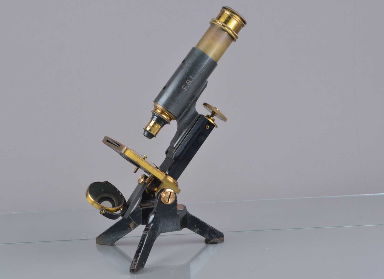 Lot 3 - A late-19th Century lacquered and black-enamelled brass Compound Monocular Microscope engraved Jas Parkes & Son Birmingham
