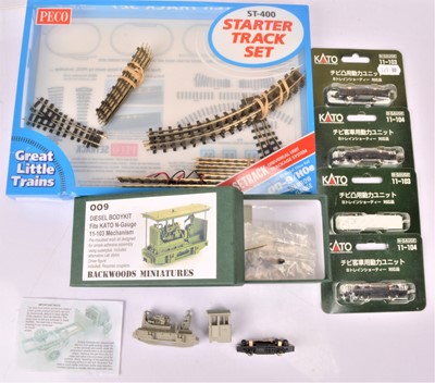 Lot 319 - Backwoods Miniatures 009 Diesel Body Kit with Kato motorised bogie with other unused bogies and selection of Peco 009 Track