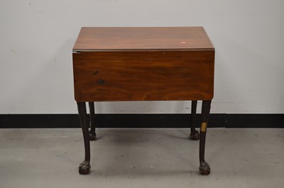 Lot 83 - A late Victorian mahogany Pembroke drop leaf table, with frieze drawer, lift up sides, raised on darker, sabre supports on ball and claw feet, 70cm H x 70cm W x 55cm D