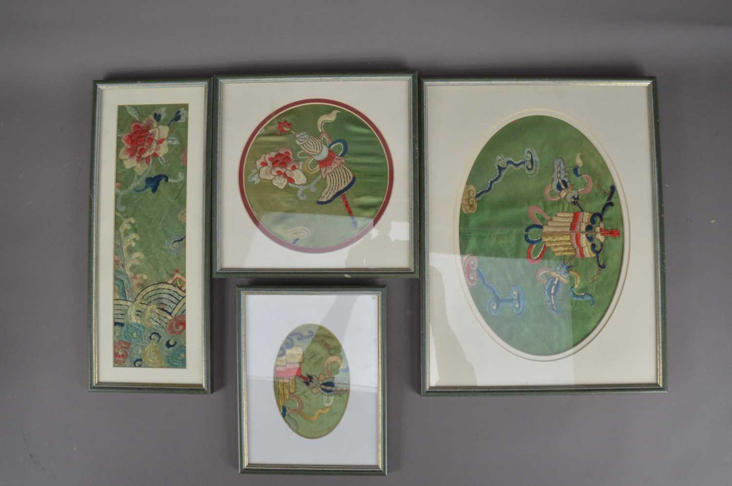 Lot 252 - A set of four late 19th/early 20th century Chinese Peking knot framed fabrics
