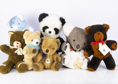 Lot 201 - Seven manufactured teddy bears with interesting and original tags
