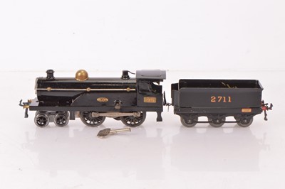 Lot 58 - Repainted early Hornby 0 Gauge clockwork No 2 Locomotive and Tender (3)