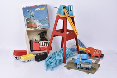 Lot 210 - 0 Gauge and similar scale Lehmann Cable Car  Tri-ang Hi-way Dock Crane Hornby (Meccano) Percy Track and wagons and parts for Lesney Matchbox Haulage Set