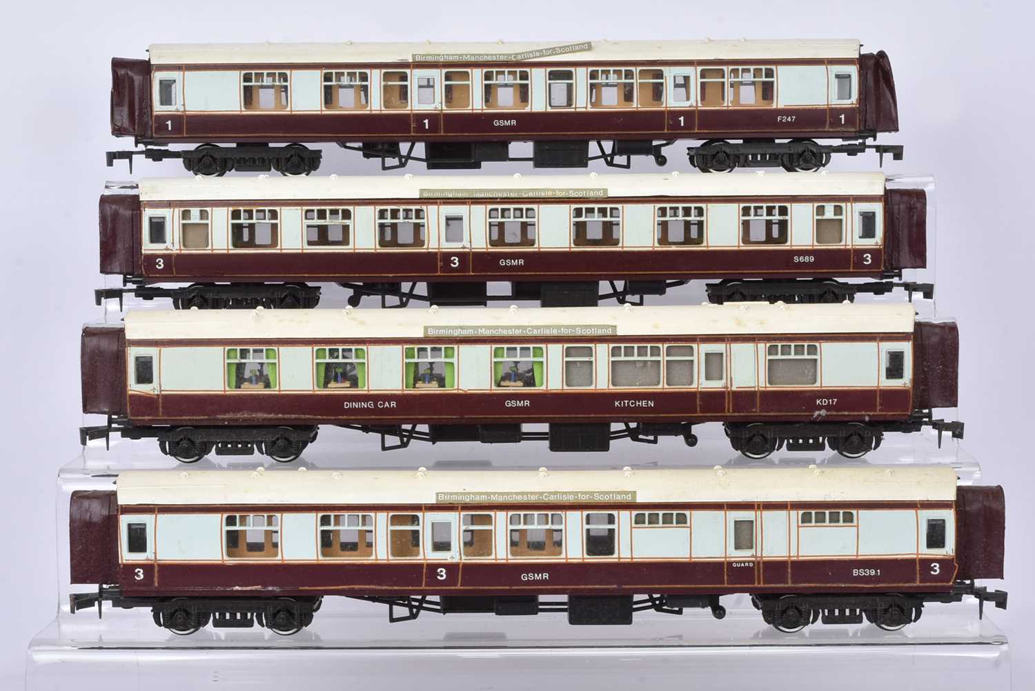 Lot 224 - Four Lima 0 Gauge Coaches repainted  GSMR maroon and eggshell blue livery and modified