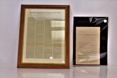 Lot 281 - Swindon Marlborough and Andover Railway Abandonment Application 1878 and Framed Press report of the associated Public Meeting