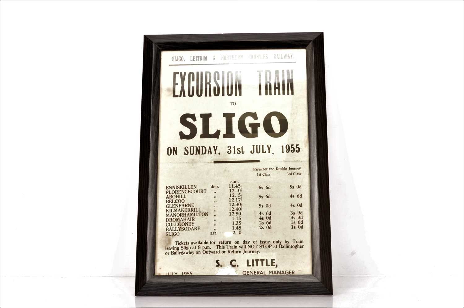 Lot 288 - Original framed Sligo Leitrim & Northern Counties Railway Excursion Train to Sligo Poster dated 31st July 1955