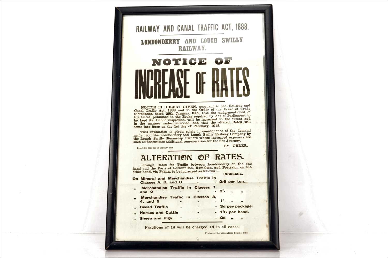 Lot 289 - Original framed Londonderry and Lough Swilly Railway Notice of Increase Rates for Goods Traffic dated 17th January 1917