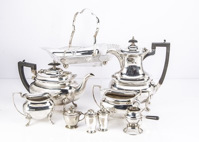 Lot 329 - A George VI silver four piece tea set by Walker & Hall and other items