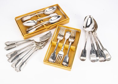 Lot 347 - An harlequin set of six Georgian and Victorian and later silver table spoons and dinner forks and dessert spoons and forks