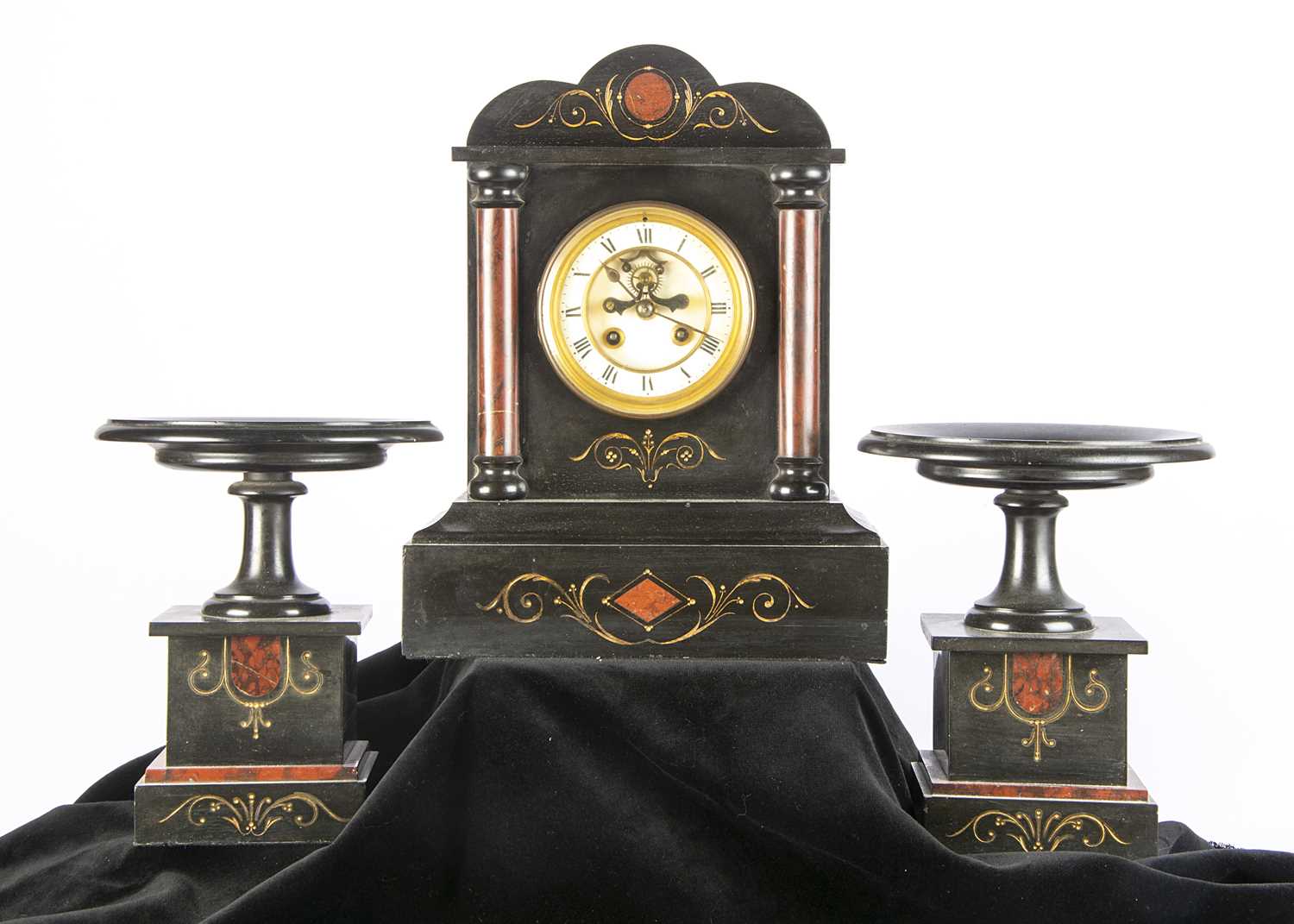 Lot 1 - A Victorian slate mantle clock and garniture