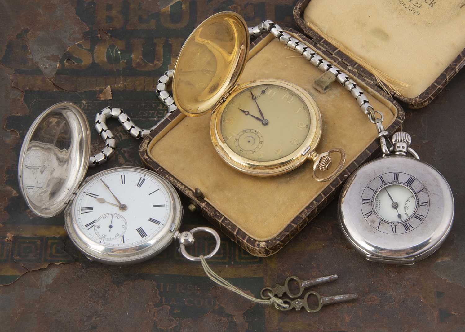 Lot 47 - Two silver pocket watches and a gold plated pocket watch