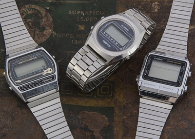 Lot 104 - Three c1980s Casio stainless steel wristwatches