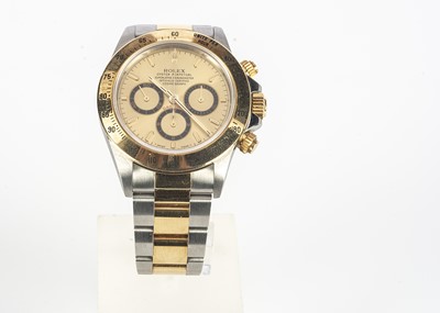 Lot 175 - A 1990s Rolex Oyster Perpetual Daytona stainless steel and 18ct gold wristwatch full set