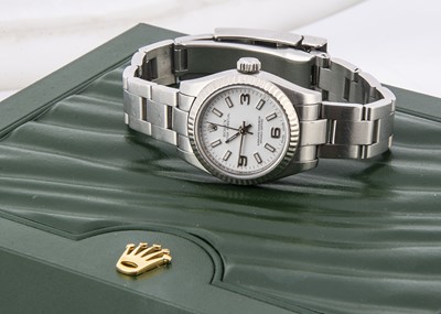 Lot 180 - A modern Rolex Oyster Perpetual stainless steel lady's wristwatch full set