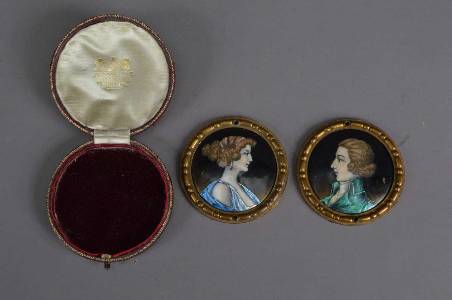 Lot 126 - Two late 19th or early 20th century copper enamelled portrait miniatures