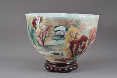 Lot 292 - A modern Chinese porcelain art bowl on a wooden stand