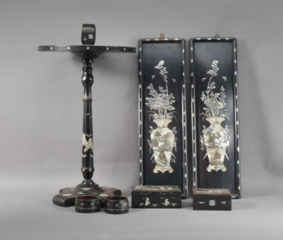 Lot 148 - A Japanese 20th century lacquer and mother of pearl inlaid smoking set