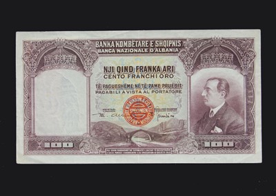 Lot 45 - Specimen Bank Note:  National Bank of Albania specimen 100 Gold Francs / 500 Lek