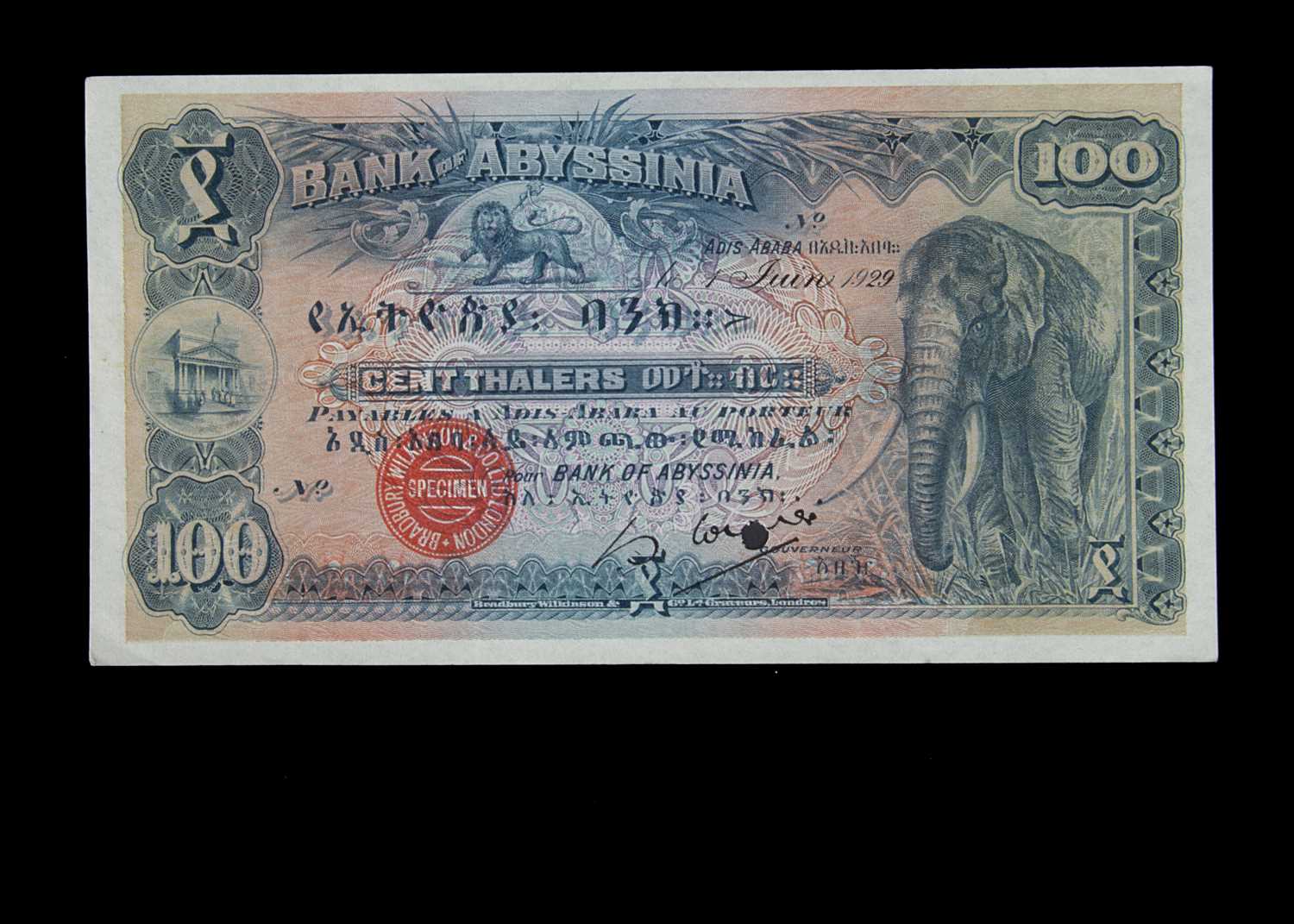 Lot 49 - Specimen Bank Note:  Ethiopia Bank of Abyssinia specimen 100 Thalers