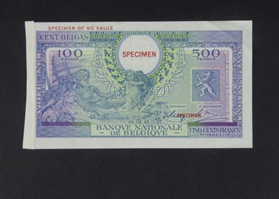 Lot 52 - Specimen Bank Note:  National Bank of Belgium specimen 500 Francs 100 Belgas