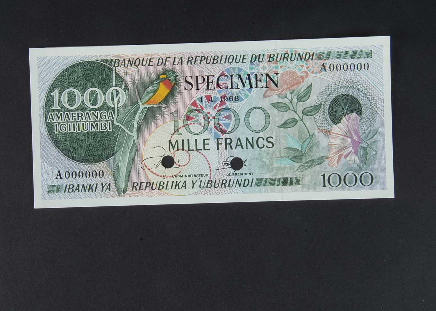 Lot 59 - Specimen Bank Note:  Burundi specimen 1000 Francs