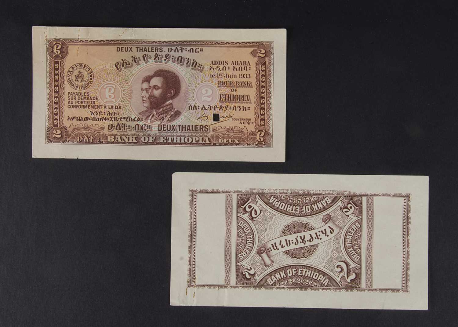 Lot 82 - Specimen Bank Note:  Bank of Ethiopia Specimen 2 Thalers