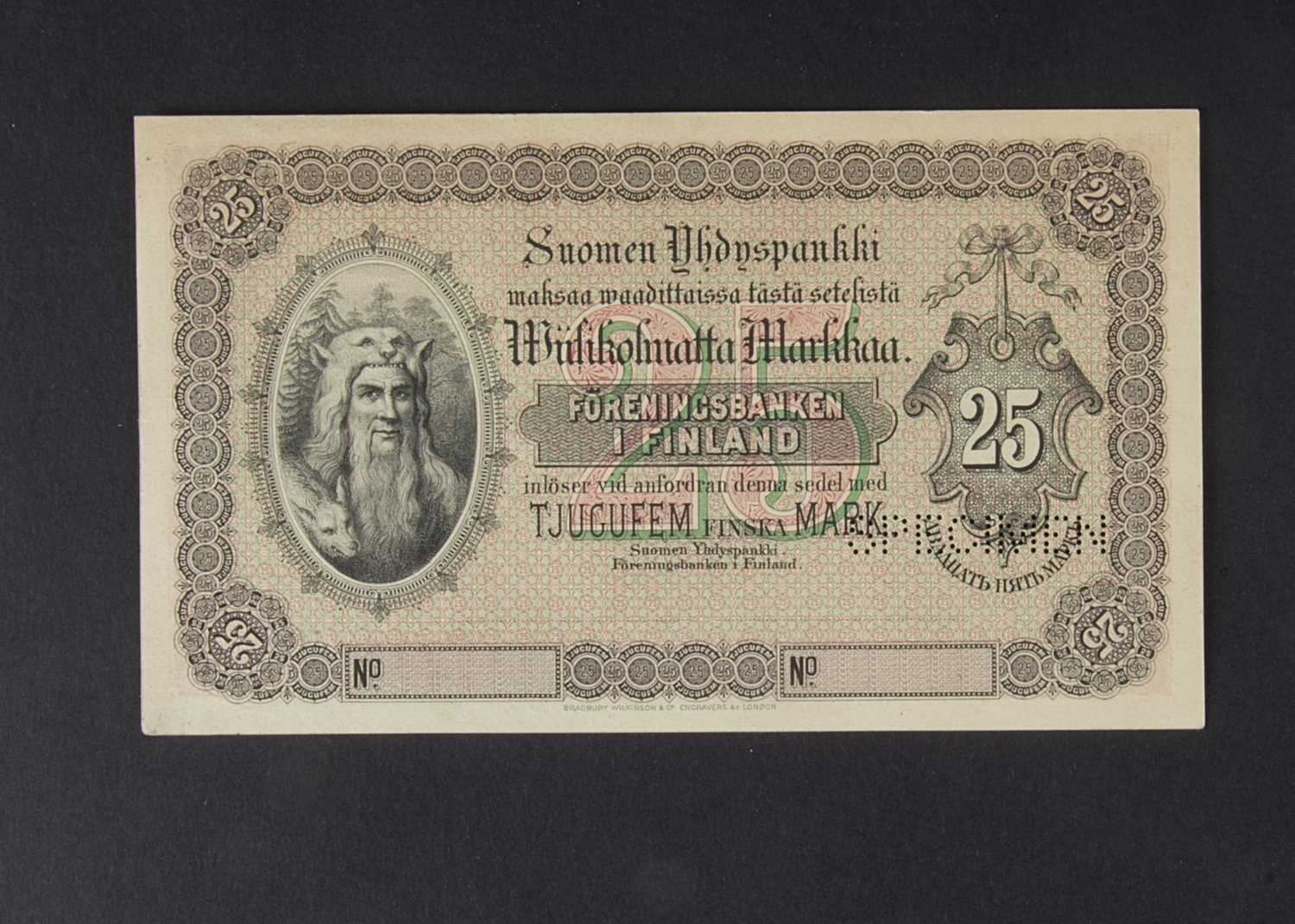 Lot 86 - Specimen Bank Note:  Union Bank of Finland specimen 25 Markkaa / Mark