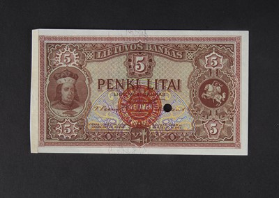 Lot 116 - Specimen Bank Note:  Lithuania specimen 5 Litai