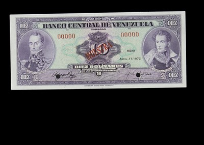 Lot 184 - Specimen Bank Note:  Central Bank of Venezuela Specimen 10 Bolivares