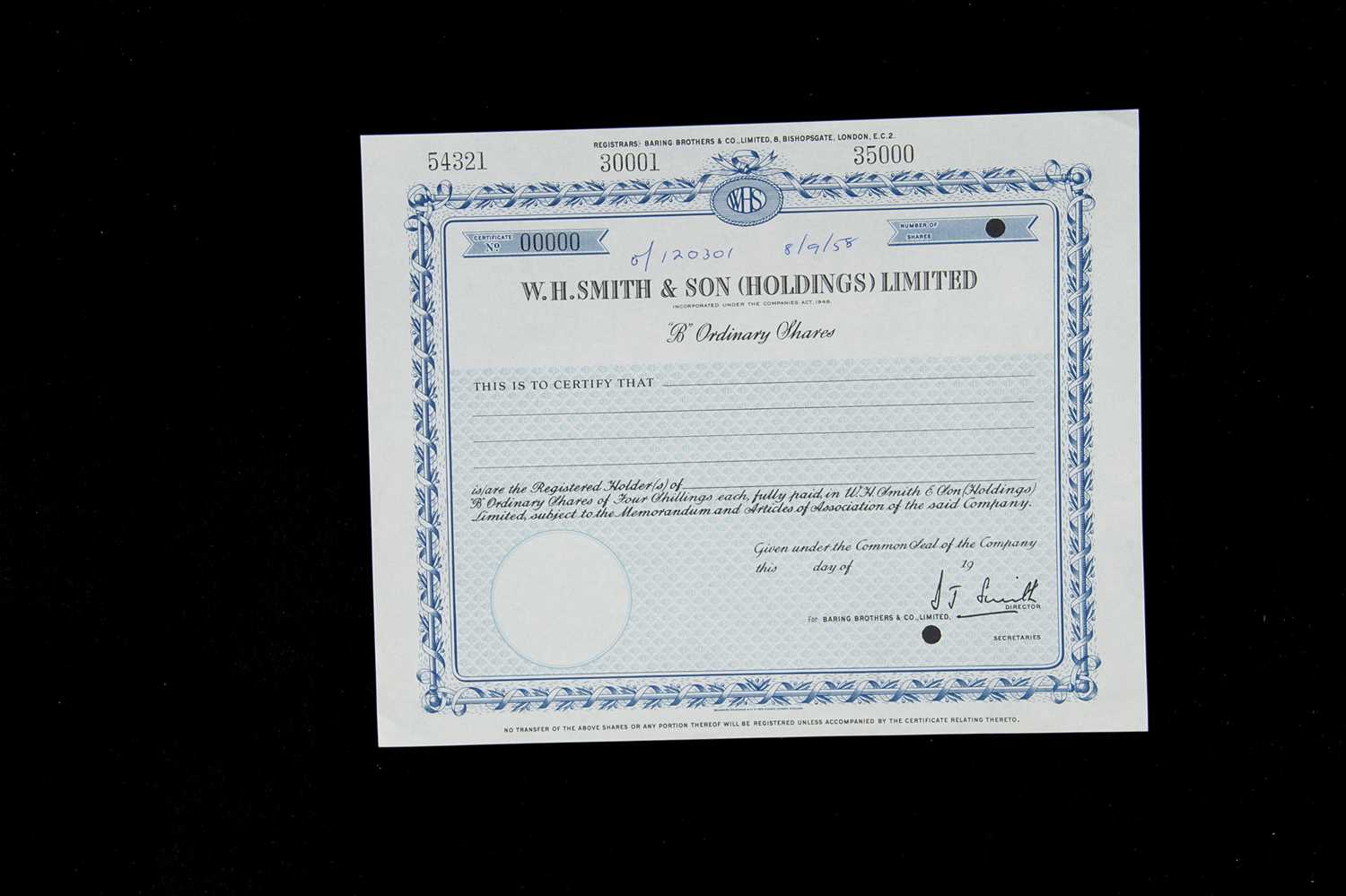 Lot 307 - W H Smith & Son Ltd Specimen share certificate