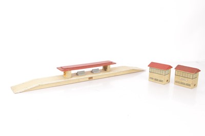 Lot 254 - Hornby-Dublo 00 Gauge 3-Rail Pre-war wooden Island Platform and pair of Signal Boxes all with red roofs