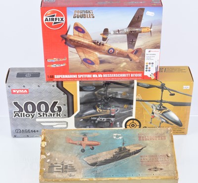 Lot 366 - Syma modern remote Control Helicopter and 1950's  Nulli-Scundus mechanical remote control Helicopter and Airfix Dogfight Doubles Kit