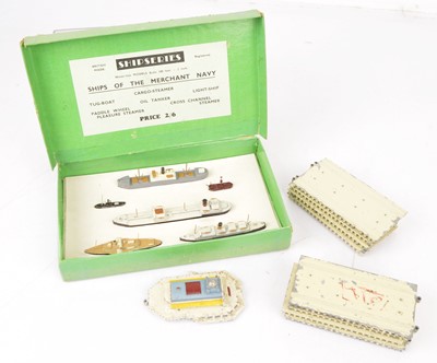 Lot 426 - A J Holladay (Skybirds) Shipseries Set of 100'=1" Waterline Ship models and Tri-ang Ships Quay Straights and Pier (11)