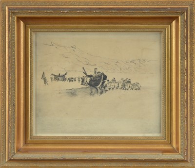Lot 185 - A framed etching of fisherman on the shore
