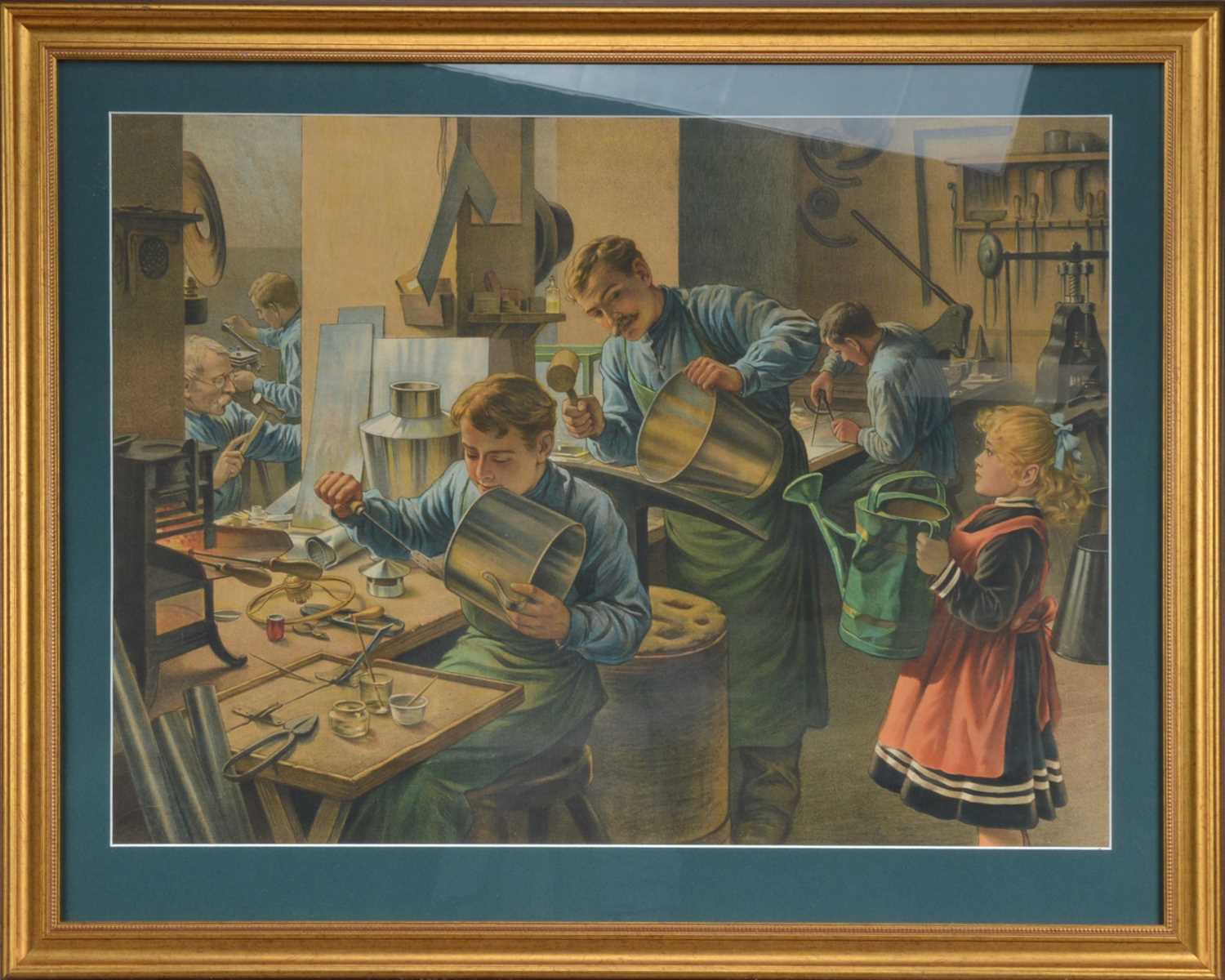 Lot 187 - A framed chromo-lithograph of tin smiths working