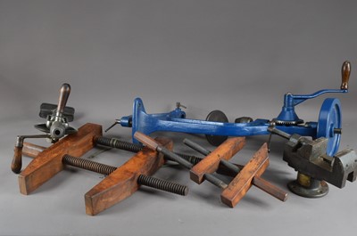 Lot 545 - A collection of metal hand drills and clamps