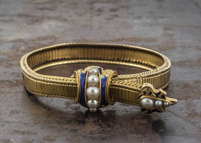 Lot 14 - A 19th Century high carat gold enamel and pearl adjustable bracelet
